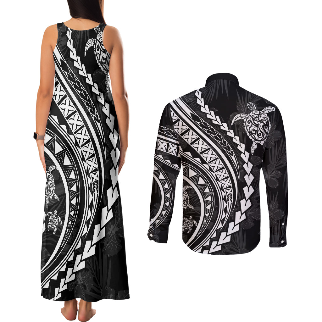 Polynesian Pride Couples Matching Tank Maxi Dress and Long Sleeve Button Shirts Turtle Hibiscus Luxury Style - Black LT7 - Wonder Print Shop