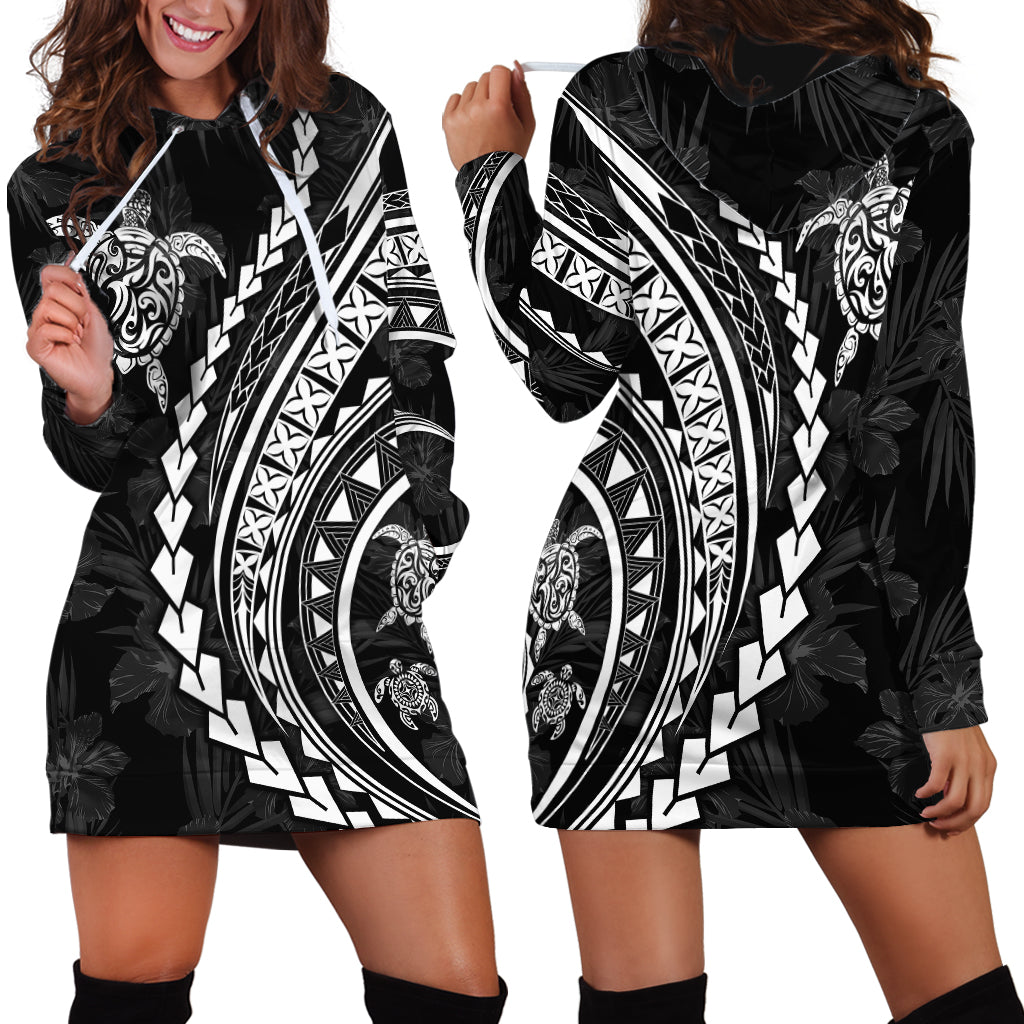 Polynesian Pride Hoodie Dress Turtle Hibiscus Luxury Style - Black - Wonder Print Shop