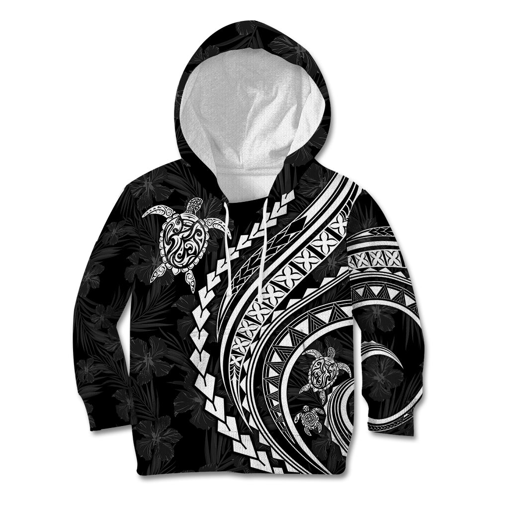 Polynesian Pride Kid Hoodie Turtle Hibiscus Luxury Style - Black - Wonder Print Shop