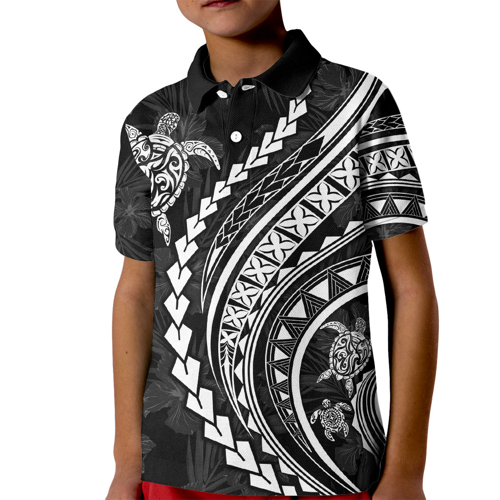 Polynesian Pride Kid Polo Shirt Turtle Hibiscus Luxury Style - Black - Wonder Print Shop