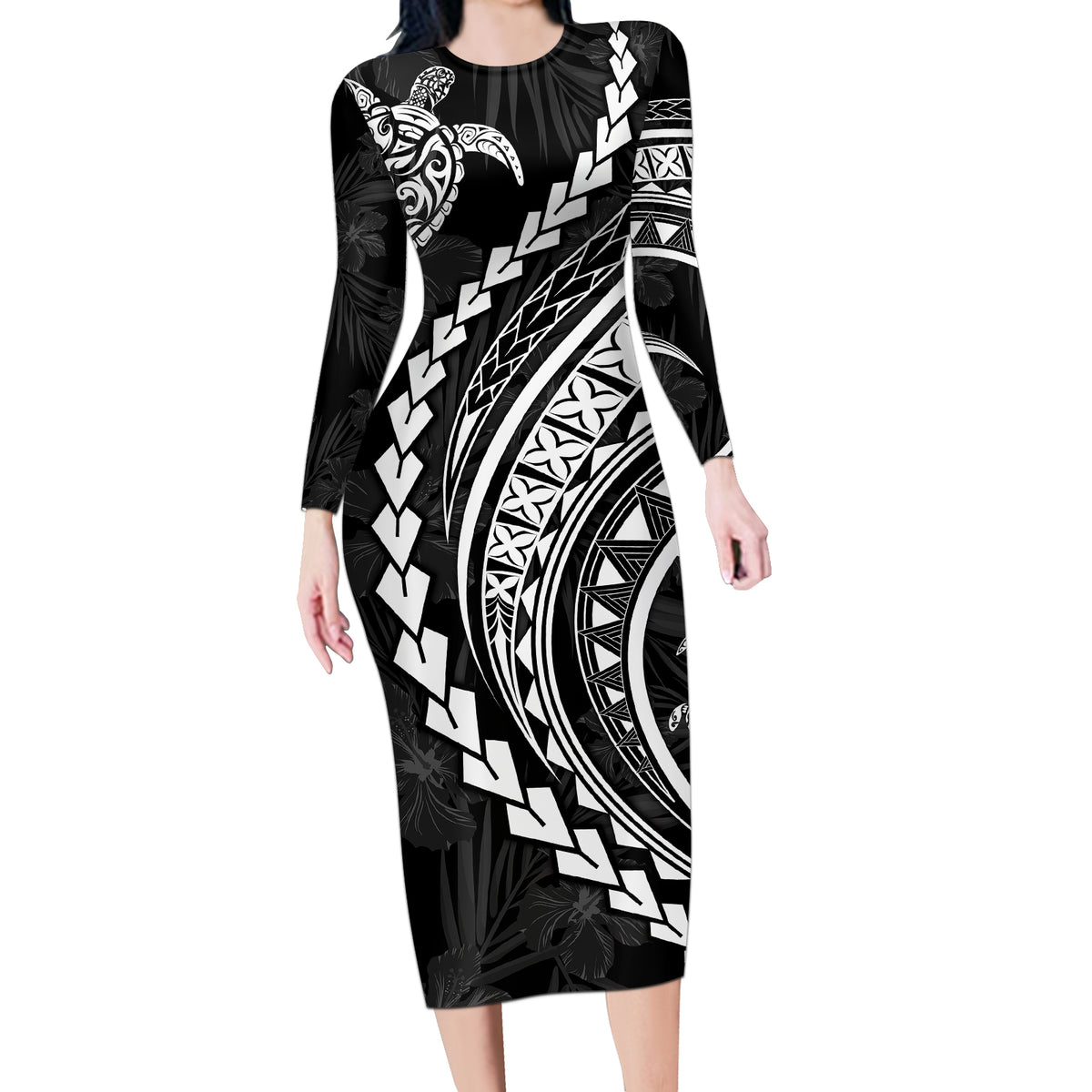 Polynesian Pride Long Sleeve Bodycon Dress Turtle Hibiscus Luxury Style - Black - Wonder Print Shop