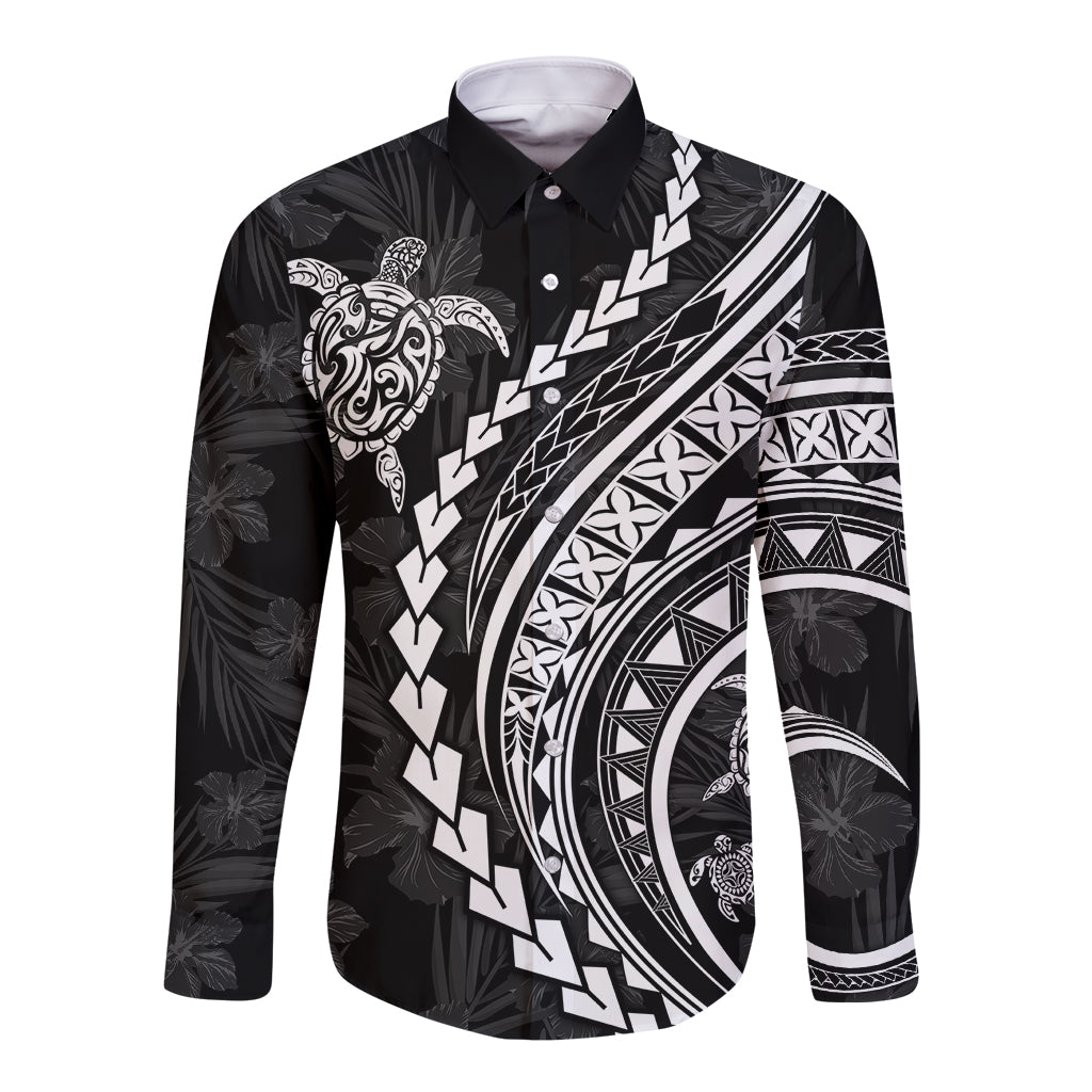 Polynesian Pride Long Sleeve Button Shirt Turtle Hibiscus Luxury Style - Black - Wonder Print Shop
