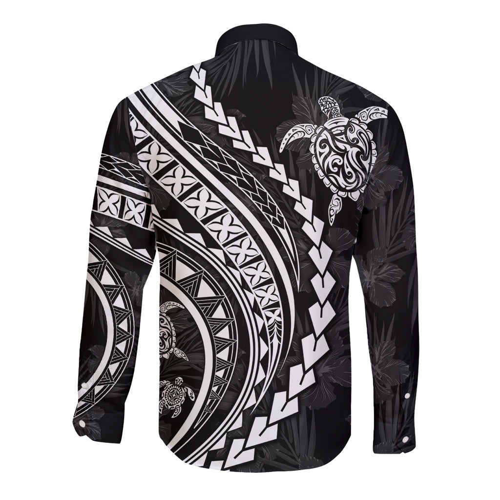 Polynesian Pride Long Sleeve Button Shirt Turtle Hibiscus Luxury Style - Black - Wonder Print Shop