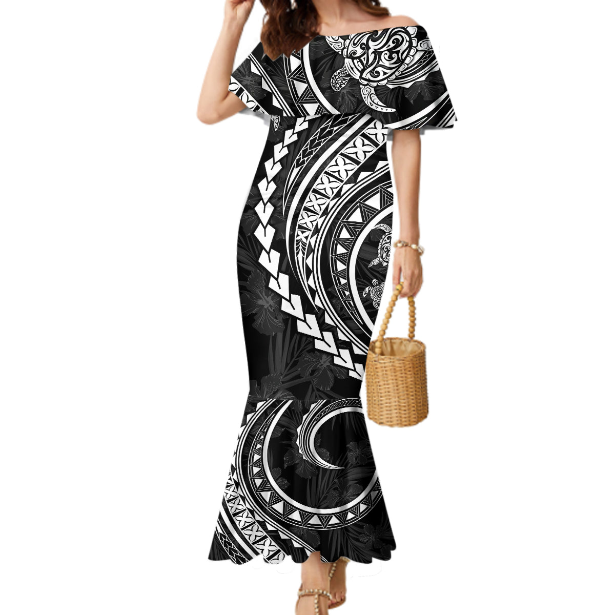 Polynesian Pride Mermaid Dress Turtle Hibiscus Luxury Style - Black - Wonder Print Shop