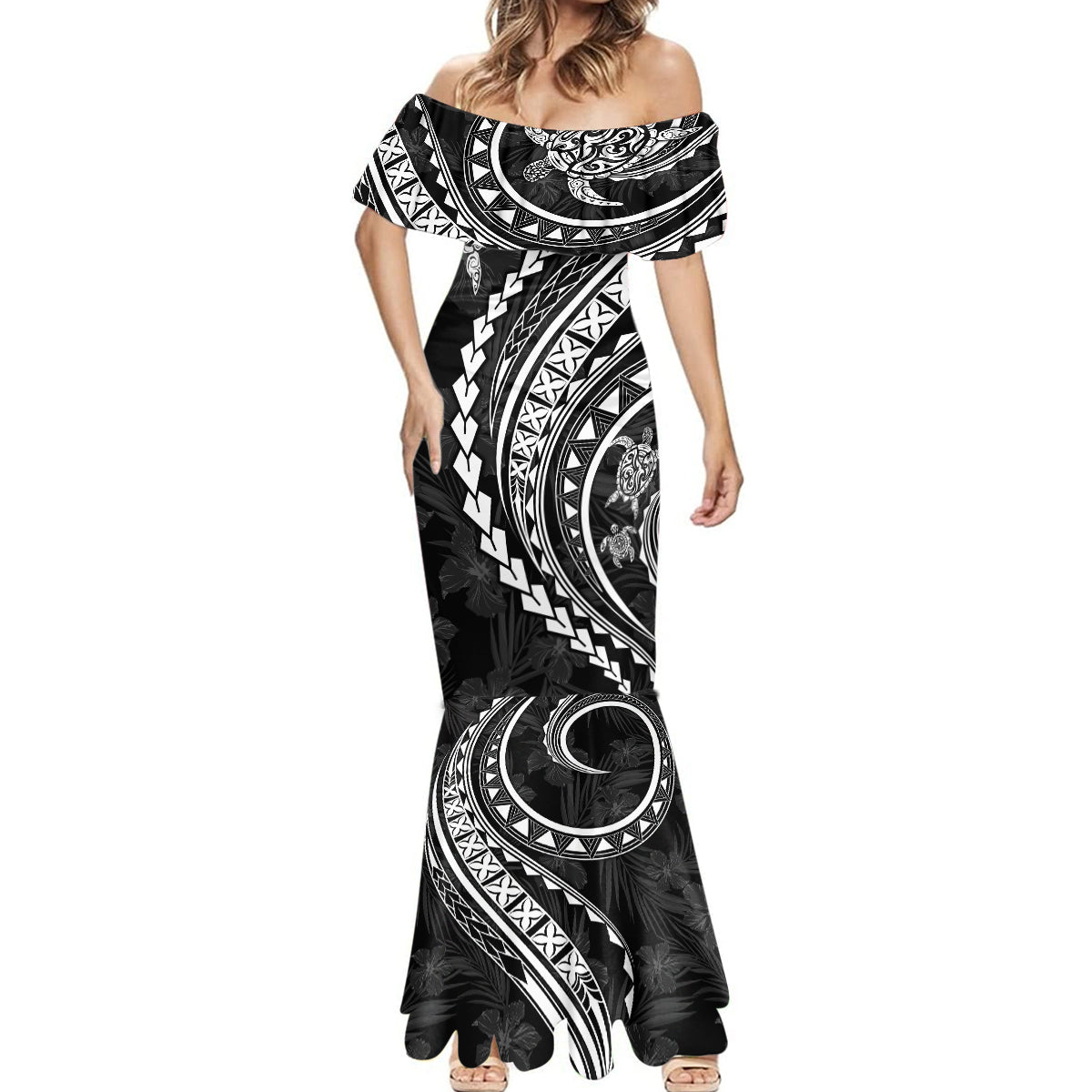 Polynesian Pride Mermaid Dress Turtle Hibiscus Luxury Style - Black - Wonder Print Shop