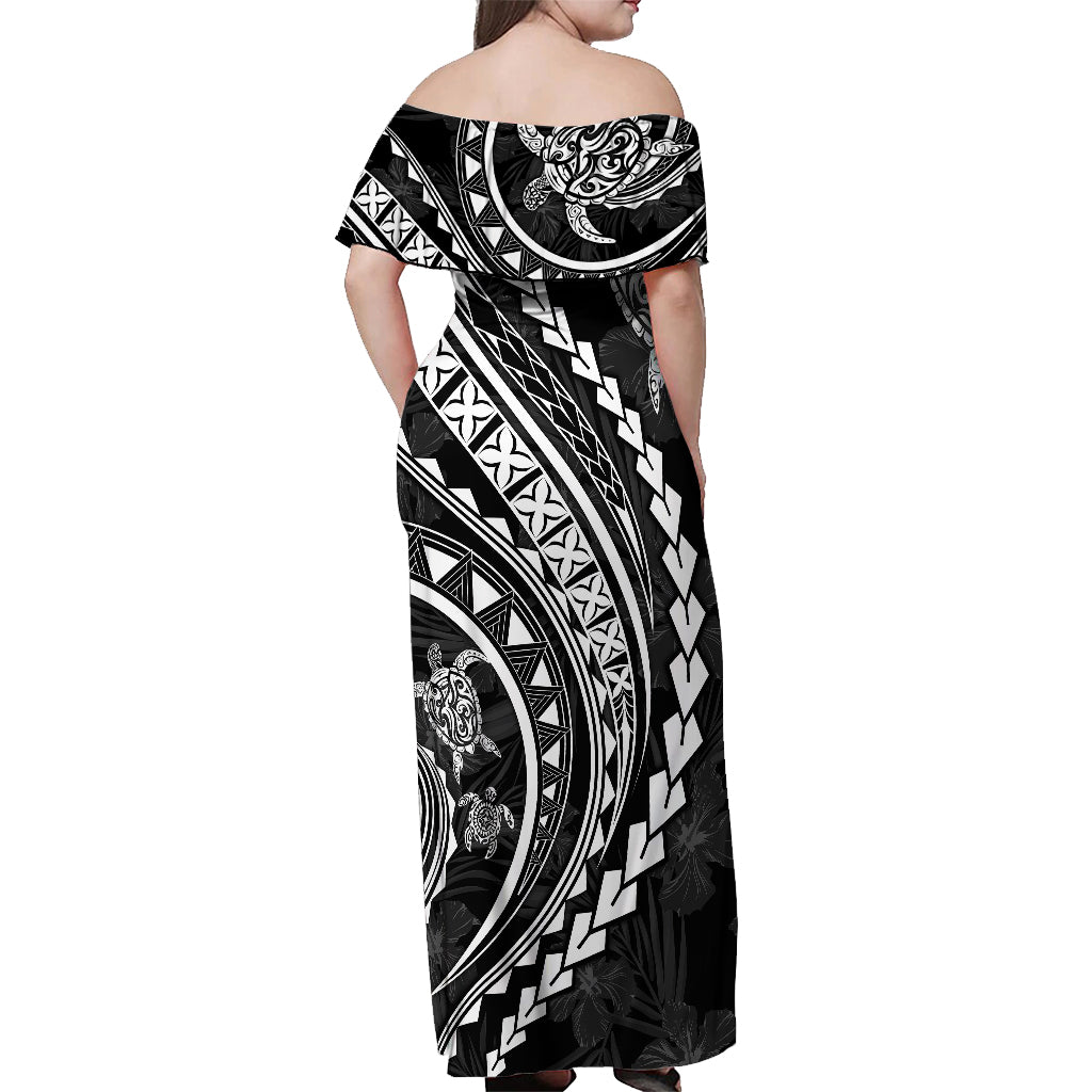 Polynesian Pride Off Shoulder Maxi Dress Turtle Hibiscus Luxury Style - Black - Wonder Print Shop