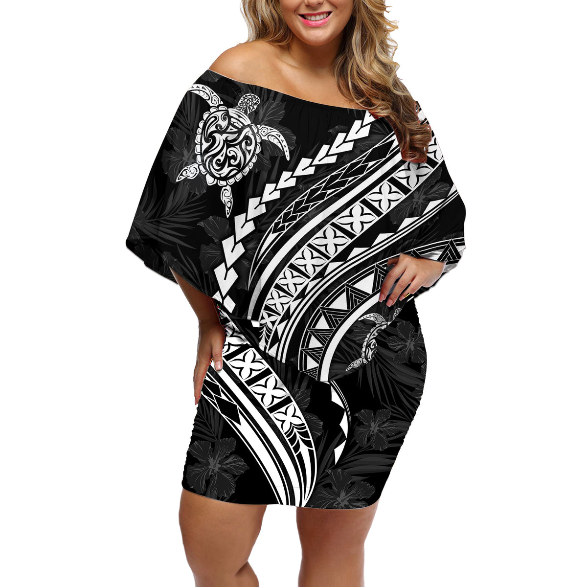 Polynesian Pride Off Shoulder Short Dress Turtle Hibiscus Luxury Style - Black - Wonder Print Shop