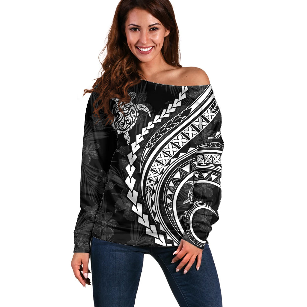 Polynesian Pride Off Shoulder Sweater Turtle Hibiscus Luxury Style - Black - Wonder Print Shop