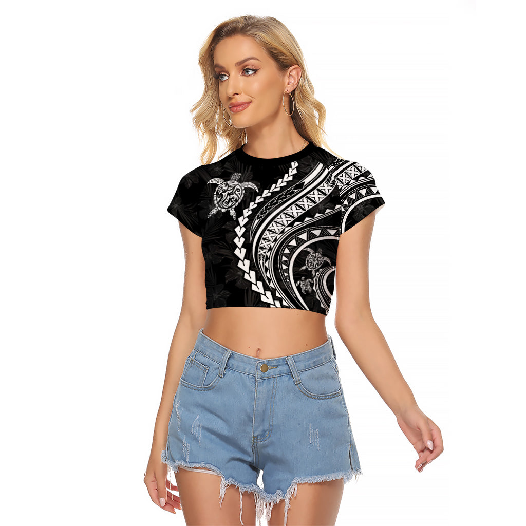 Polynesian Pride Raglan Cropped T Shirt Turtle Hibiscus Luxury Style - Black - Wonder Print Shop