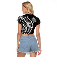 Polynesian Pride Raglan Cropped T Shirt Turtle Hibiscus Luxury Style - Black - Wonder Print Shop