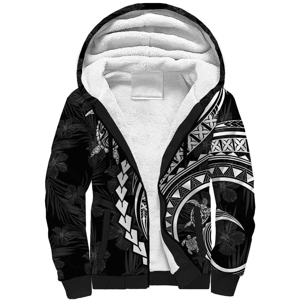 Polynesian Pride Sherpa Hoodie Turtle Hibiscus Luxury Style - Black - Wonder Print Shop