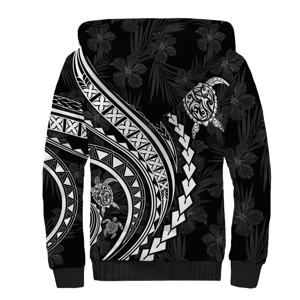 Polynesian Pride Sherpa Hoodie Turtle Hibiscus Luxury Style - Black - Wonder Print Shop
