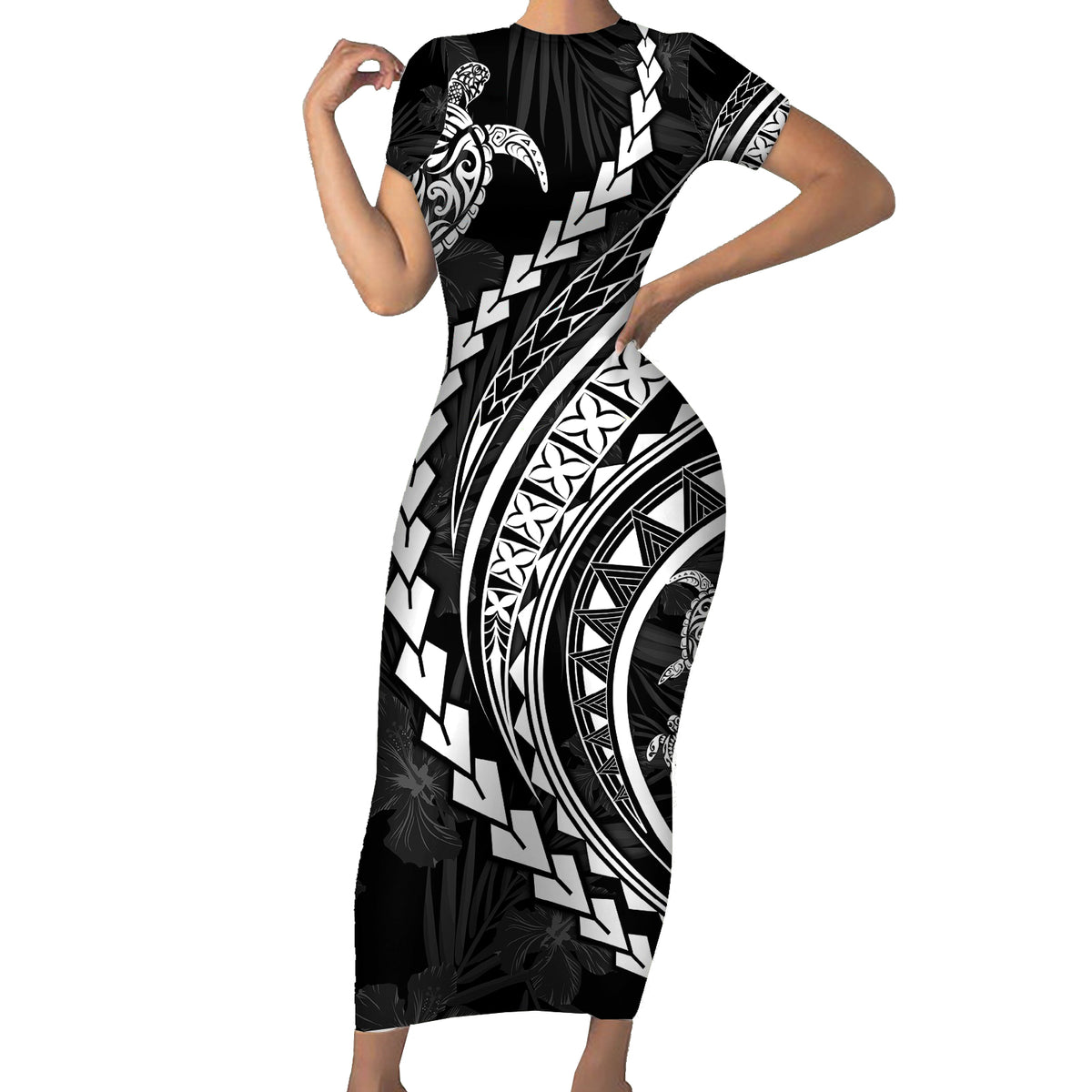 Polynesian Pride Short Sleeve Bodycon Dress Turtle Hibiscus Luxury Style - Black - Wonder Print Shop