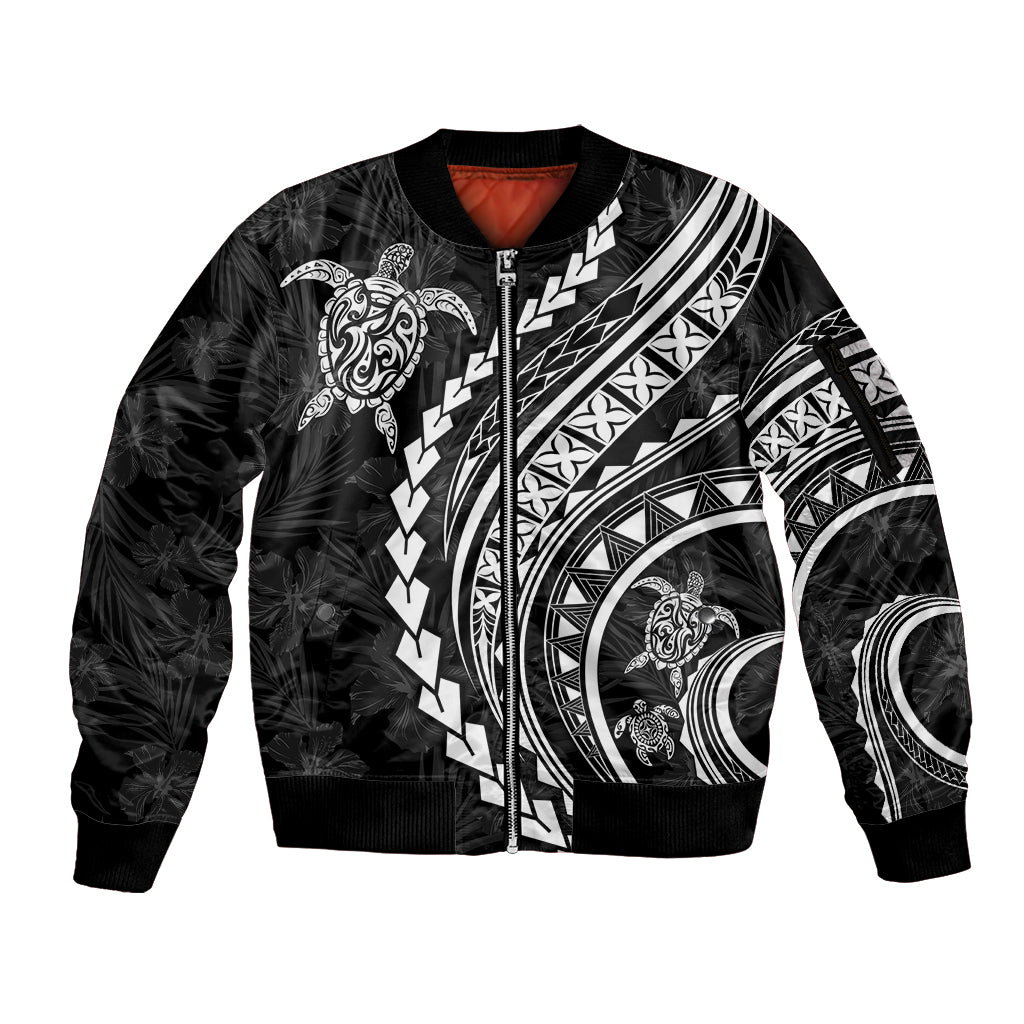 Polynesian Pride Sleeve Zip Bomber Jacket Turtle Hibiscus Luxury Style - Black - Wonder Print Shop