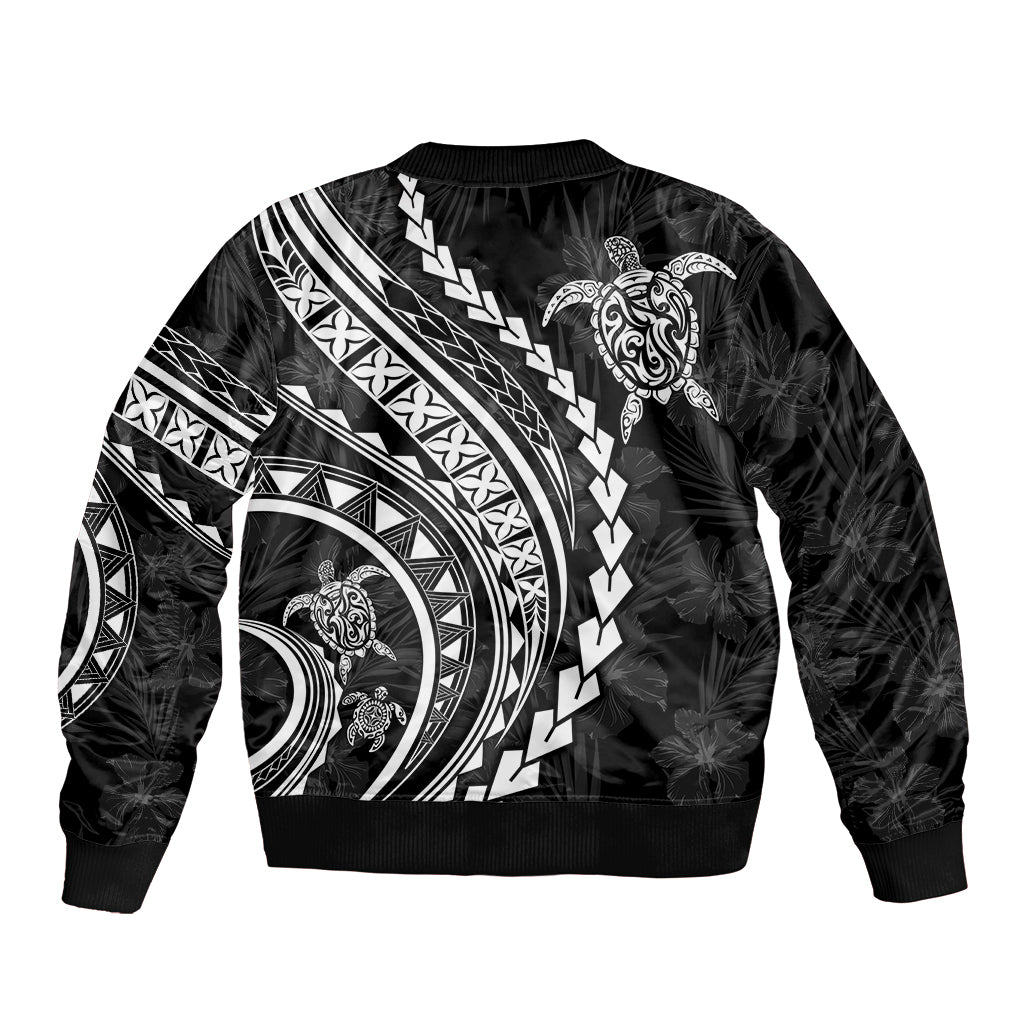 Polynesian Pride Sleeve Zip Bomber Jacket Turtle Hibiscus Luxury Style - Black - Wonder Print Shop