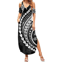 Polynesian Pride Summer Maxi Dress Turtle Hibiscus Luxury Style - Black - Wonder Print Shop