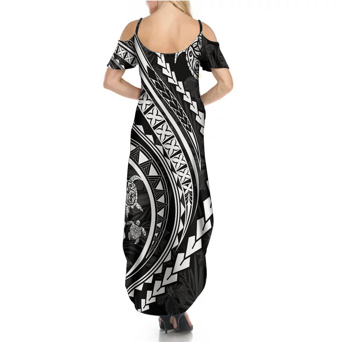Polynesian Pride Summer Maxi Dress Turtle Hibiscus Luxury Style - Black - Wonder Print Shop