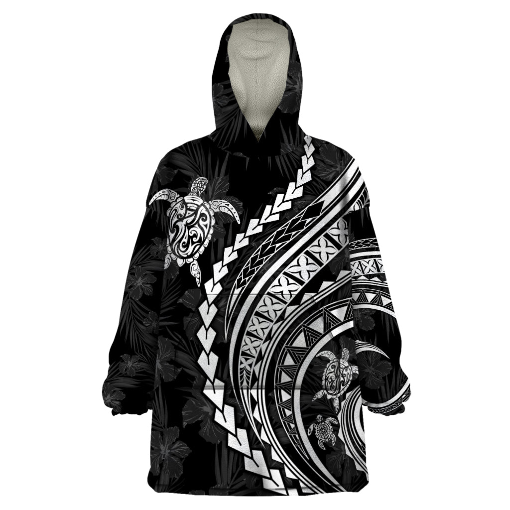 Polynesian Pride Wearable Blanket Hoodie Turtle Hibiscus Luxury Style - Black - Wonder Print Shop