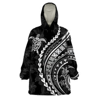 Polynesian Pride Wearable Blanket Hoodie Turtle Hibiscus Luxury Style - Black - Wonder Print Shop