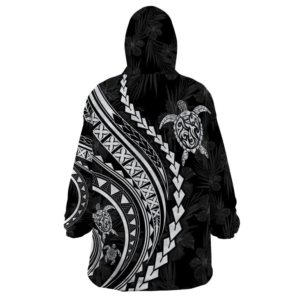 Polynesian Pride Wearable Blanket Hoodie Turtle Hibiscus Luxury Style - Black - Wonder Print Shop