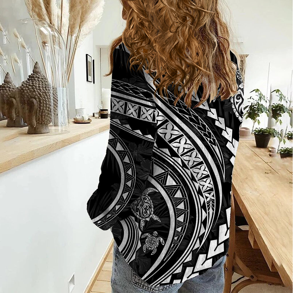 Polynesian Pride Women Casual Shirt Turtle Hibiscus Luxury Style - Black - Wonder Print Shop