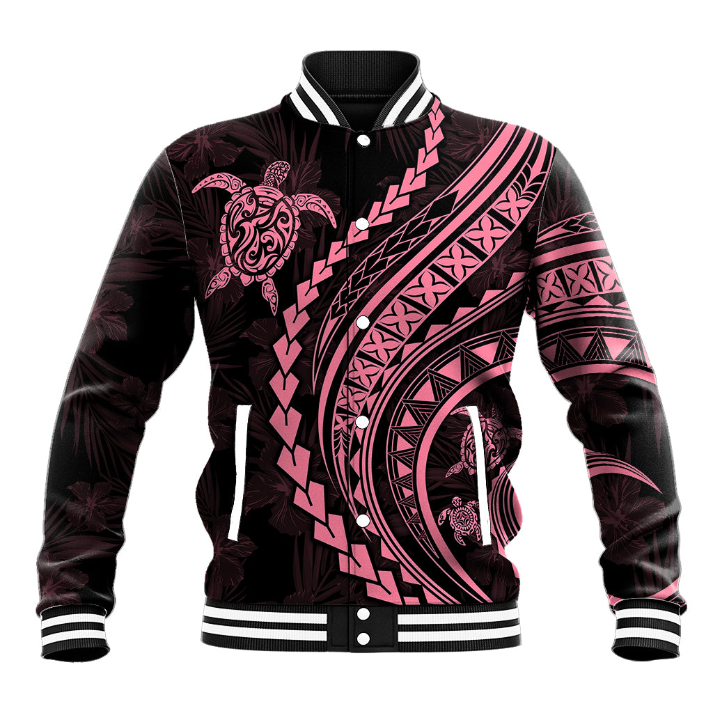 Polynesian Pride Baseball Jacket Turtle Hibiscus Luxury Style - Carnation Pink LT7 - Wonder Print Shop