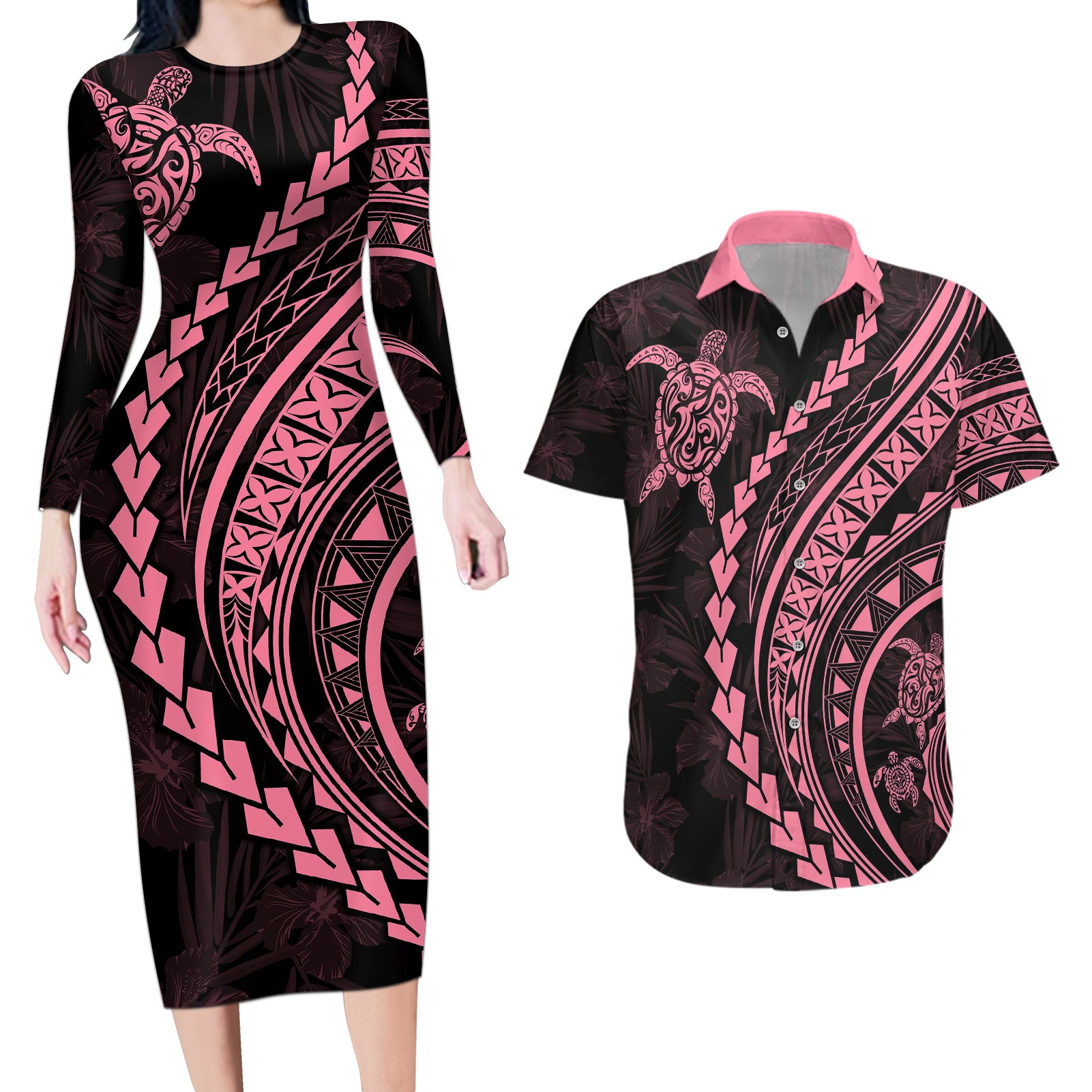 Polynesian Pride Couples Matching Long Sleeve Bodycon Dress and Hawaiian Shirt Turtle Hibiscus Luxury Style - Carnation Pink LT7 - Wonder Print Shop