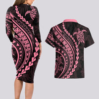 Polynesian Pride Couples Matching Long Sleeve Bodycon Dress and Hawaiian Shirt Turtle Hibiscus Luxury Style - Carnation Pink LT7 - Wonder Print Shop