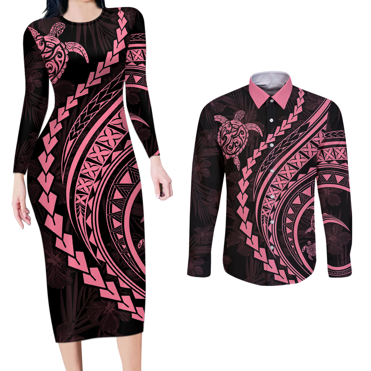 Polynesian Pride Couples Matching Long Sleeve Bodycon Dress and Long Sleeve Button Shirts Turtle Hibiscus Luxury Style - Carnation Pink LT7 - Wonder Print Shop