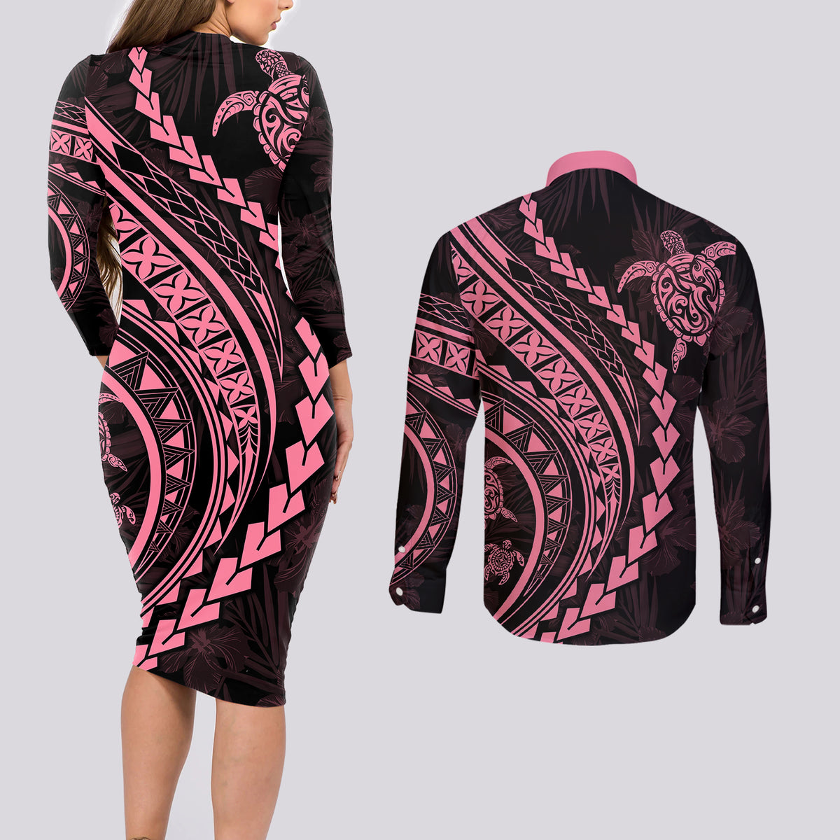 Polynesian Pride Couples Matching Long Sleeve Bodycon Dress and Long Sleeve Button Shirts Turtle Hibiscus Luxury Style - Carnation Pink LT7 - Wonder Print Shop