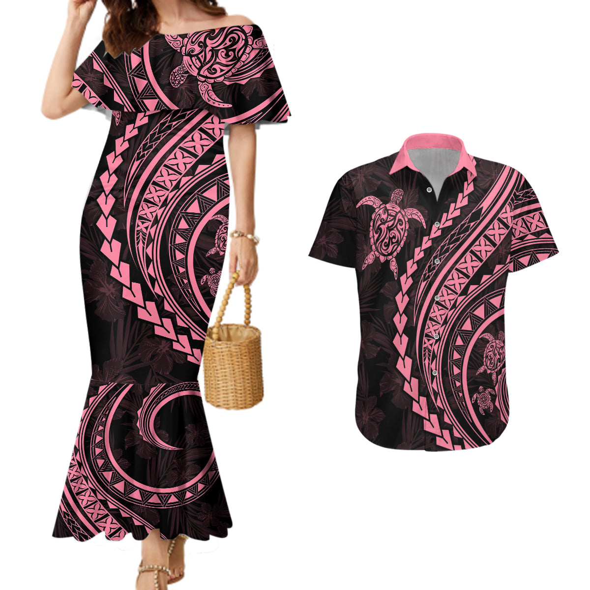 Polynesian Pride Couples Matching Mermaid Dress and Hawaiian Shirt Turtle Hibiscus Luxury Style - Carnation Pink LT7 - Wonder Print Shop