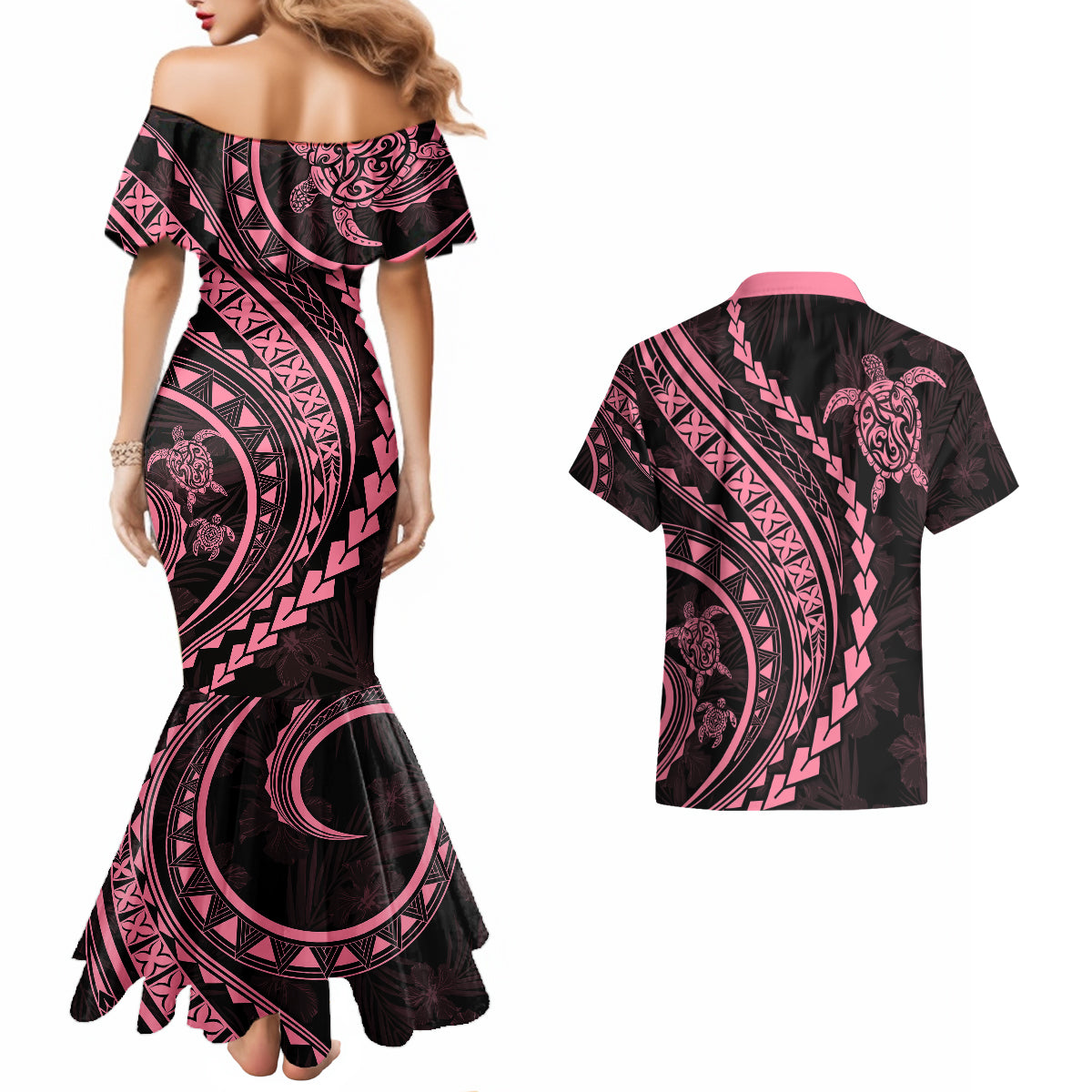 Polynesian Pride Couples Matching Mermaid Dress and Hawaiian Shirt Turtle Hibiscus Luxury Style - Carnation Pink LT7 - Wonder Print Shop