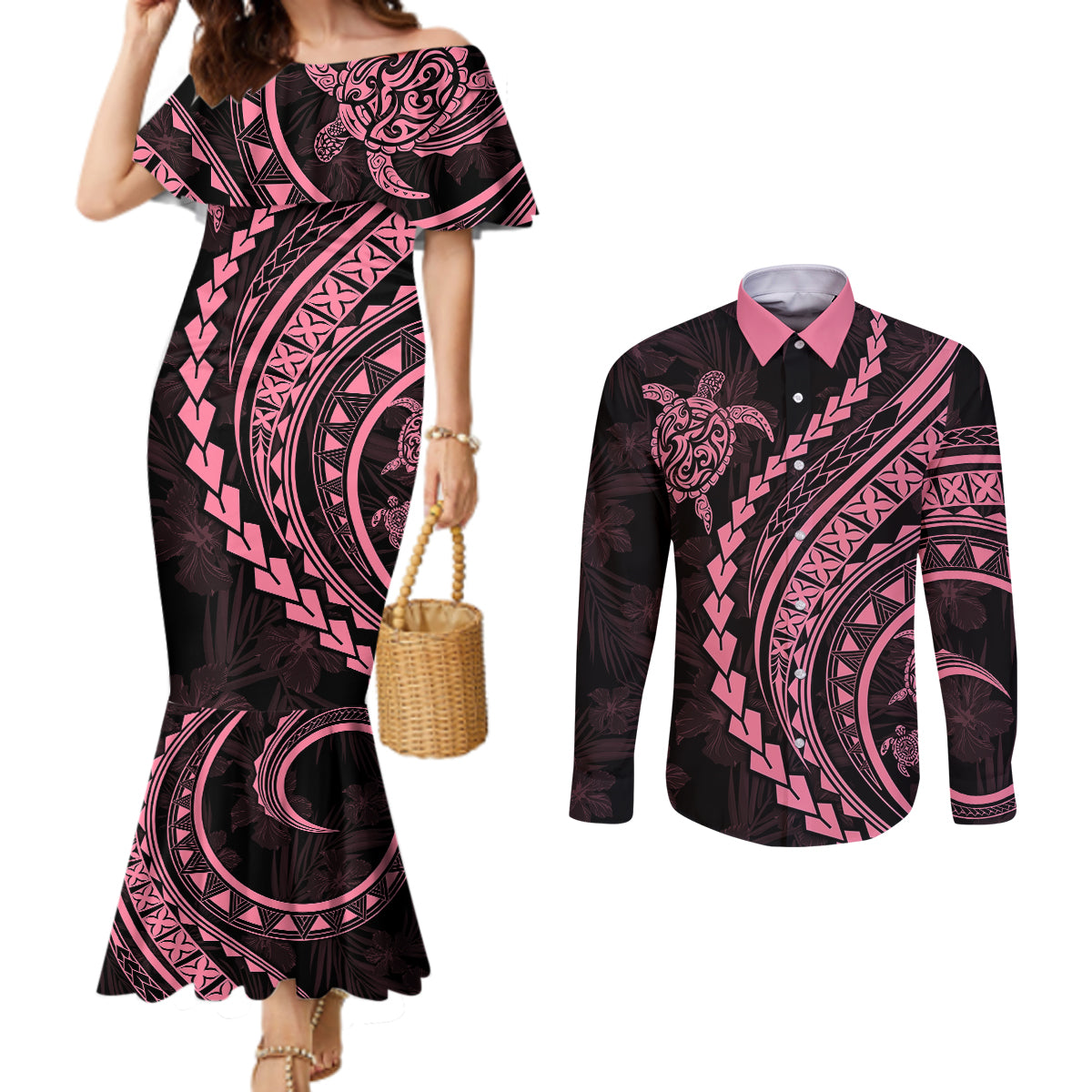 polynesian-pride-couples-matching-mermaid-dress-and-long-sleeve-button-shirts-turtle-hibiscus-luxury-style-carnation-pink
