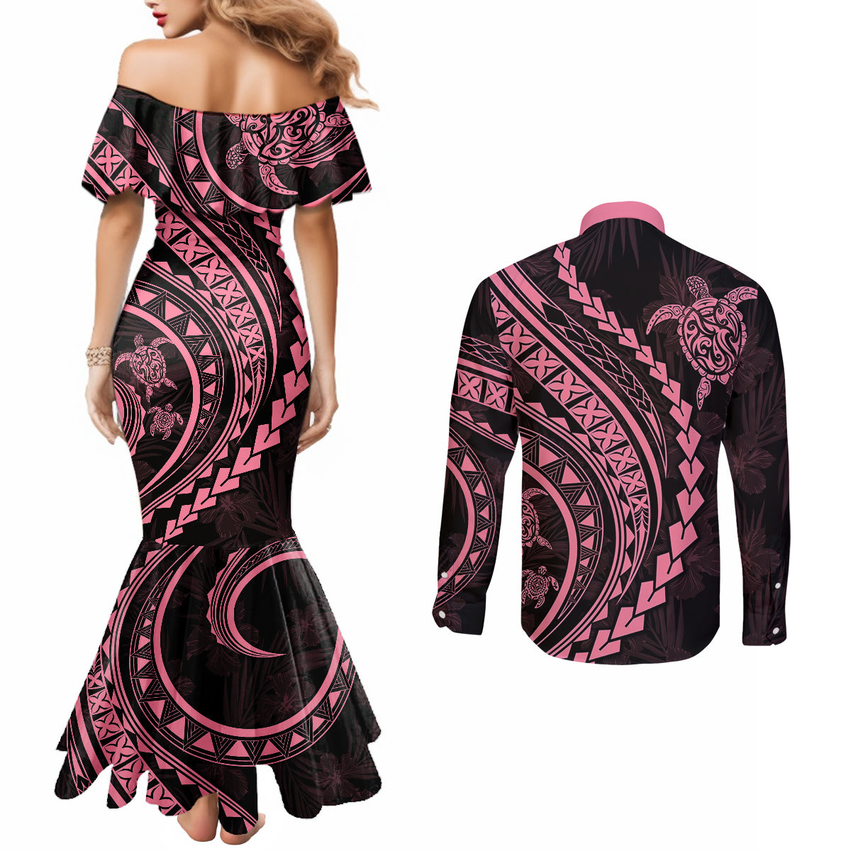 polynesian-pride-couples-matching-mermaid-dress-and-long-sleeve-button-shirts-turtle-hibiscus-luxury-style-carnation-pink