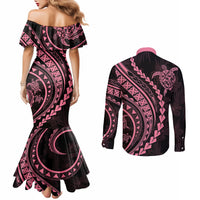 polynesian-pride-couples-matching-mermaid-dress-and-long-sleeve-button-shirts-turtle-hibiscus-luxury-style-carnation-pink