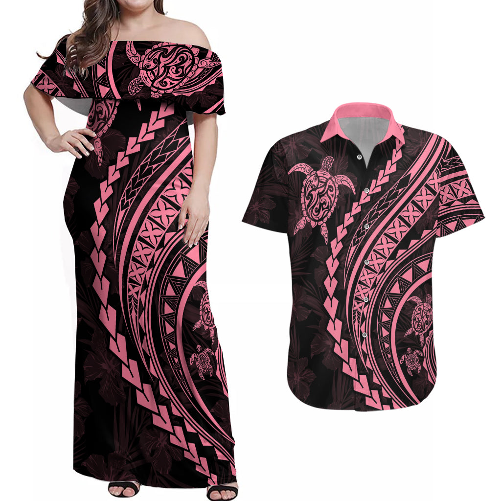 Polynesian Pride Couples Matching Off Shoulder Maxi Dress and Hawaiian Shirt Turtle Hibiscus Luxury Style - Carnation Pink LT7 - Wonder Print Shop