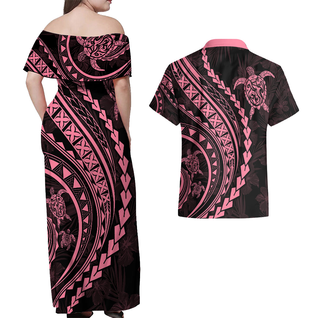 Polynesian Pride Couples Matching Off Shoulder Maxi Dress and Hawaiian Shirt Turtle Hibiscus Luxury Style - Carnation Pink LT7 - Wonder Print Shop