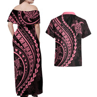 Polynesian Pride Couples Matching Off Shoulder Maxi Dress and Hawaiian Shirt Turtle Hibiscus Luxury Style - Carnation Pink LT7 - Wonder Print Shop
