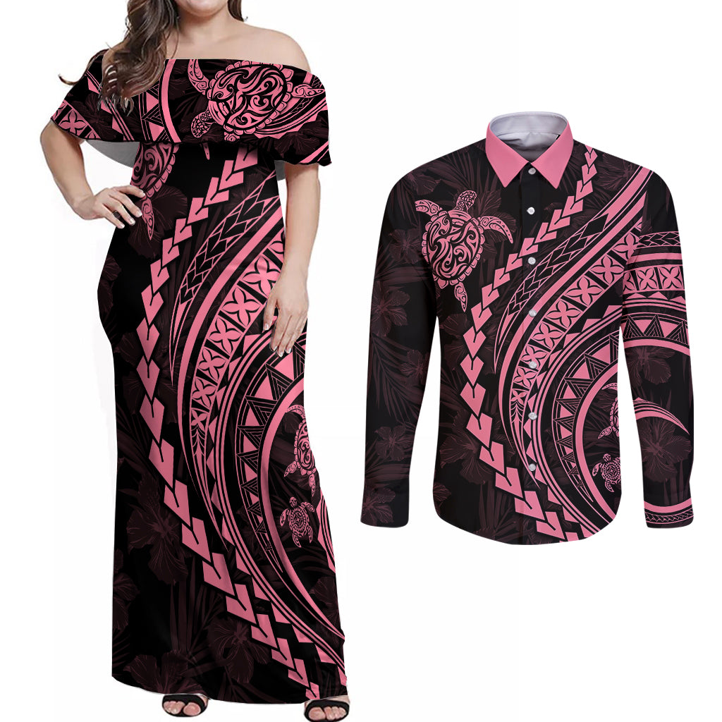 Polynesian Pride Couples Matching Off Shoulder Maxi Dress and Long Sleeve Button Shirts Turtle Hibiscus Luxury Style - Carnation Pink LT7 - Wonder Print Shop