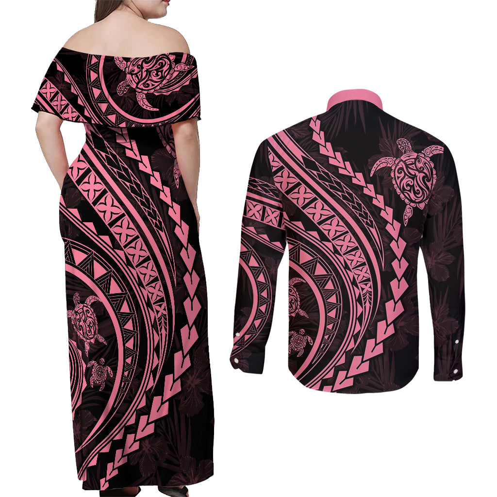 Polynesian Pride Couples Matching Off Shoulder Maxi Dress and Long Sleeve Button Shirts Turtle Hibiscus Luxury Style - Carnation Pink LT7 - Wonder Print Shop