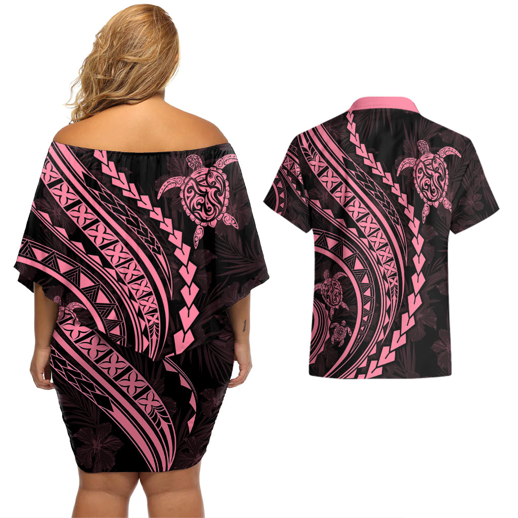 Polynesian Pride Couples Matching Off Shoulder Short Dress and Hawaiian Shirt Turtle Hibiscus Luxury Style - Carnation Pink LT7 - Wonder Print Shop