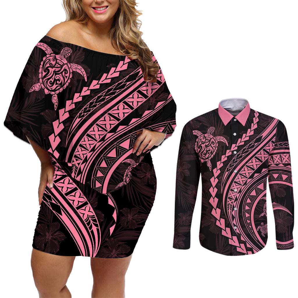 Polynesian Pride Couples Matching Off Shoulder Short Dress and Long Sleeve Button Shirts Turtle Hibiscus Luxury Style - Carnation Pink LT7 - Wonder Print Shop