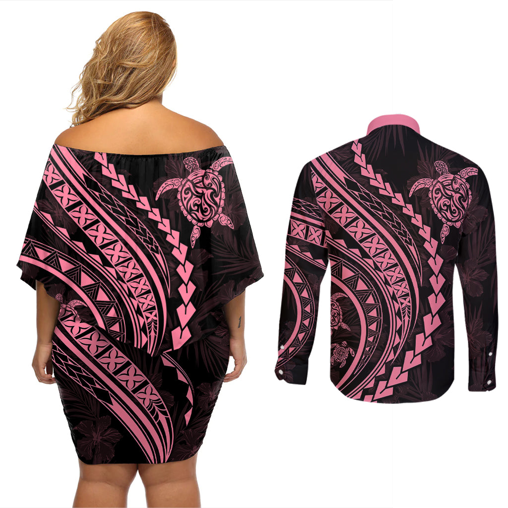 Polynesian Pride Couples Matching Off Shoulder Short Dress and Long Sleeve Button Shirts Turtle Hibiscus Luxury Style - Carnation Pink LT7 - Wonder Print Shop