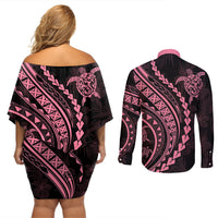 Polynesian Pride Couples Matching Off Shoulder Short Dress and Long Sleeve Button Shirts Turtle Hibiscus Luxury Style - Carnation Pink LT7 - Wonder Print Shop