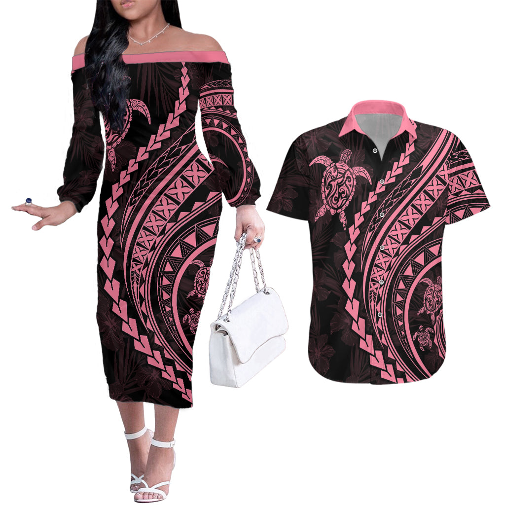 Polynesian Pride Couples Matching Off The Shoulder Long Sleeve Dress and Hawaiian Shirt Turtle Hibiscus Luxury Style - Carnation Pink LT7 - Wonder Print Shop