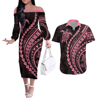 Polynesian Pride Couples Matching Off The Shoulder Long Sleeve Dress and Hawaiian Shirt Turtle Hibiscus Luxury Style - Carnation Pink LT7 - Wonder Print Shop