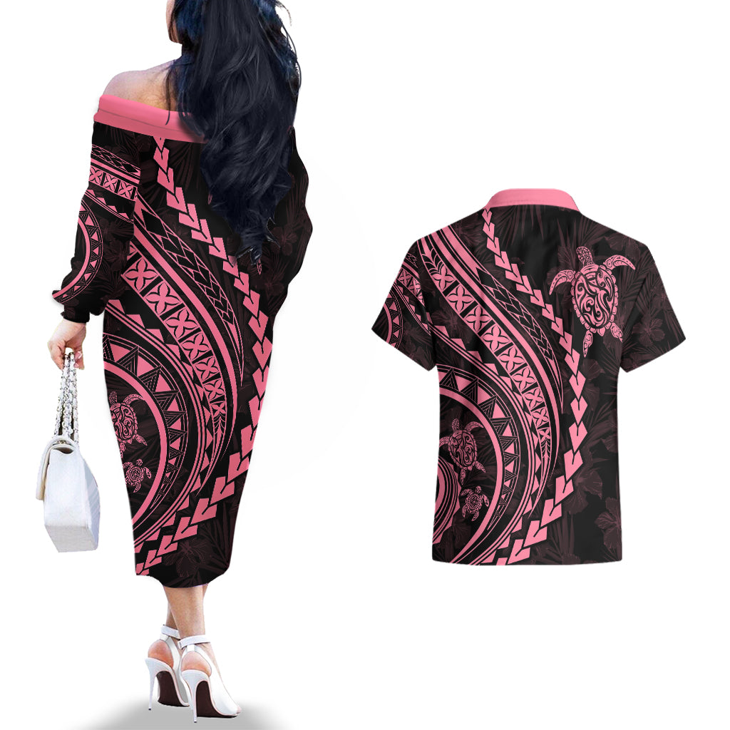Polynesian Pride Couples Matching Off The Shoulder Long Sleeve Dress and Hawaiian Shirt Turtle Hibiscus Luxury Style - Carnation Pink LT7 - Wonder Print Shop