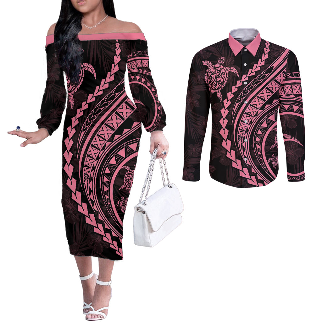 polynesian-pride-couples-matching-off-the-shoulder-long-sleeve-dress-and-long-sleeve-button-shirts-turtle-hibiscus-luxury-style-carnation-pink