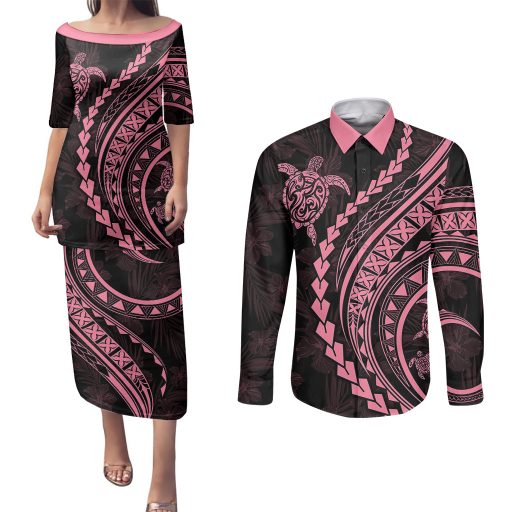 Polynesian Pride Couples Matching Puletasi Dress and Long Sleeve Button Shirts Turtle Hibiscus Luxury Style - Carnation Pink LT7 - Wonder Print Shop