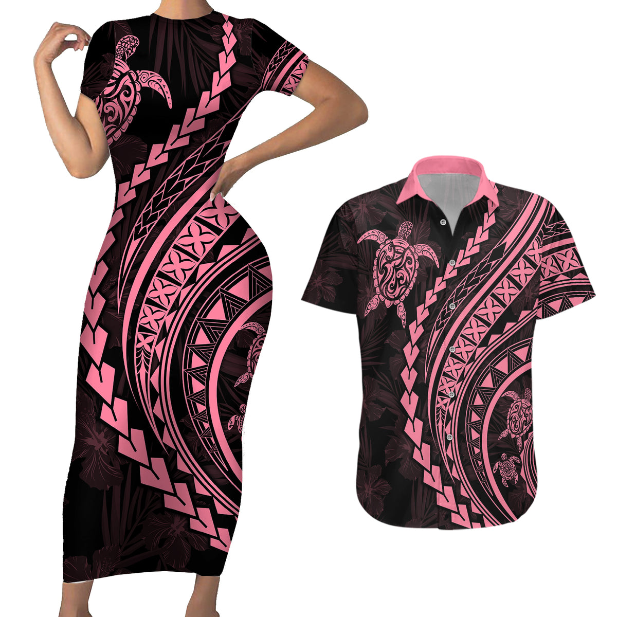 Polynesian Pride Couples Matching Short Sleeve Bodycon Dress and Hawaiian Shirt Turtle Hibiscus Luxury Style - Carnation Pink LT7 - Wonder Print Shop